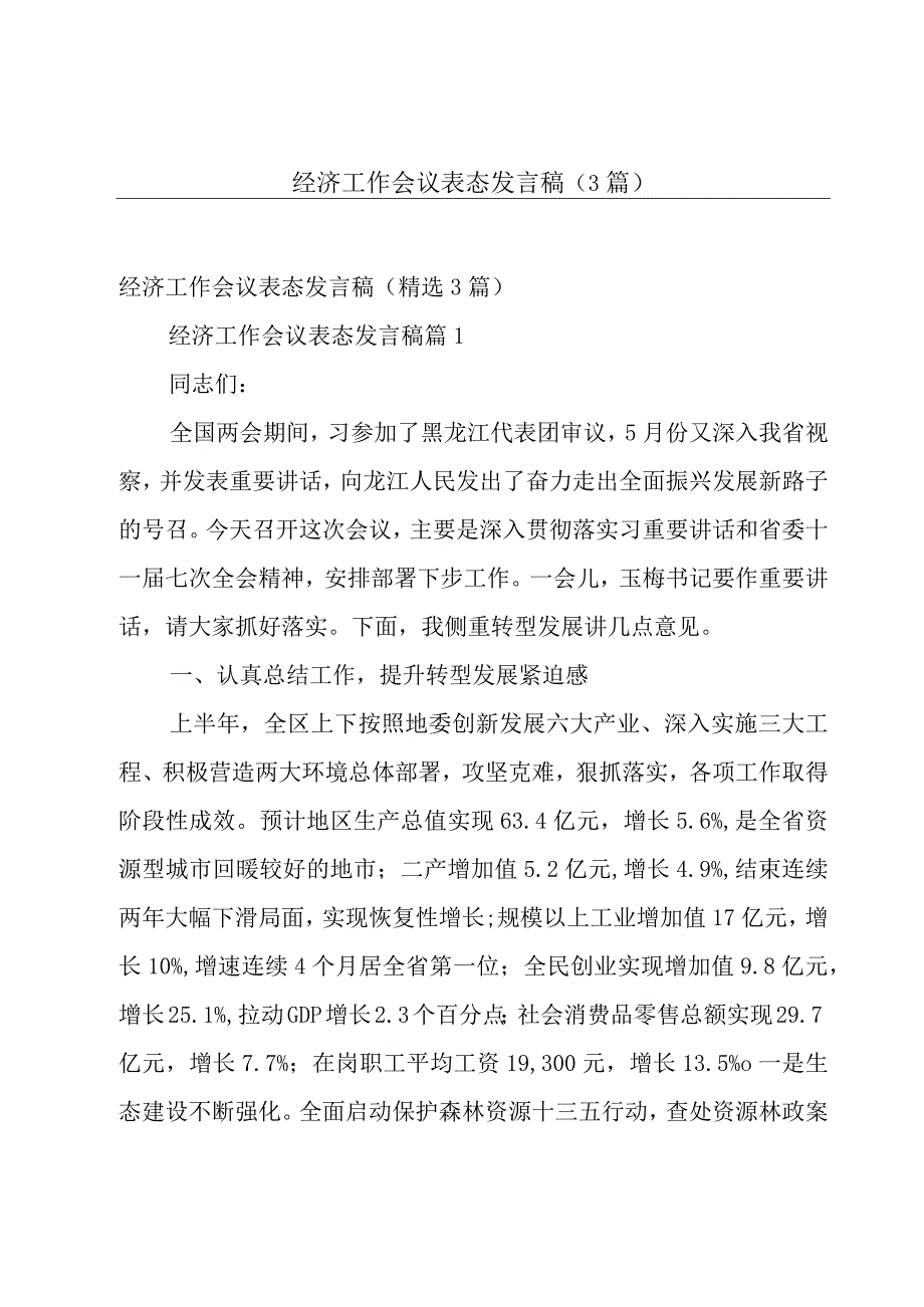 经济工作会议表态发言稿（3篇）.docx_第1页