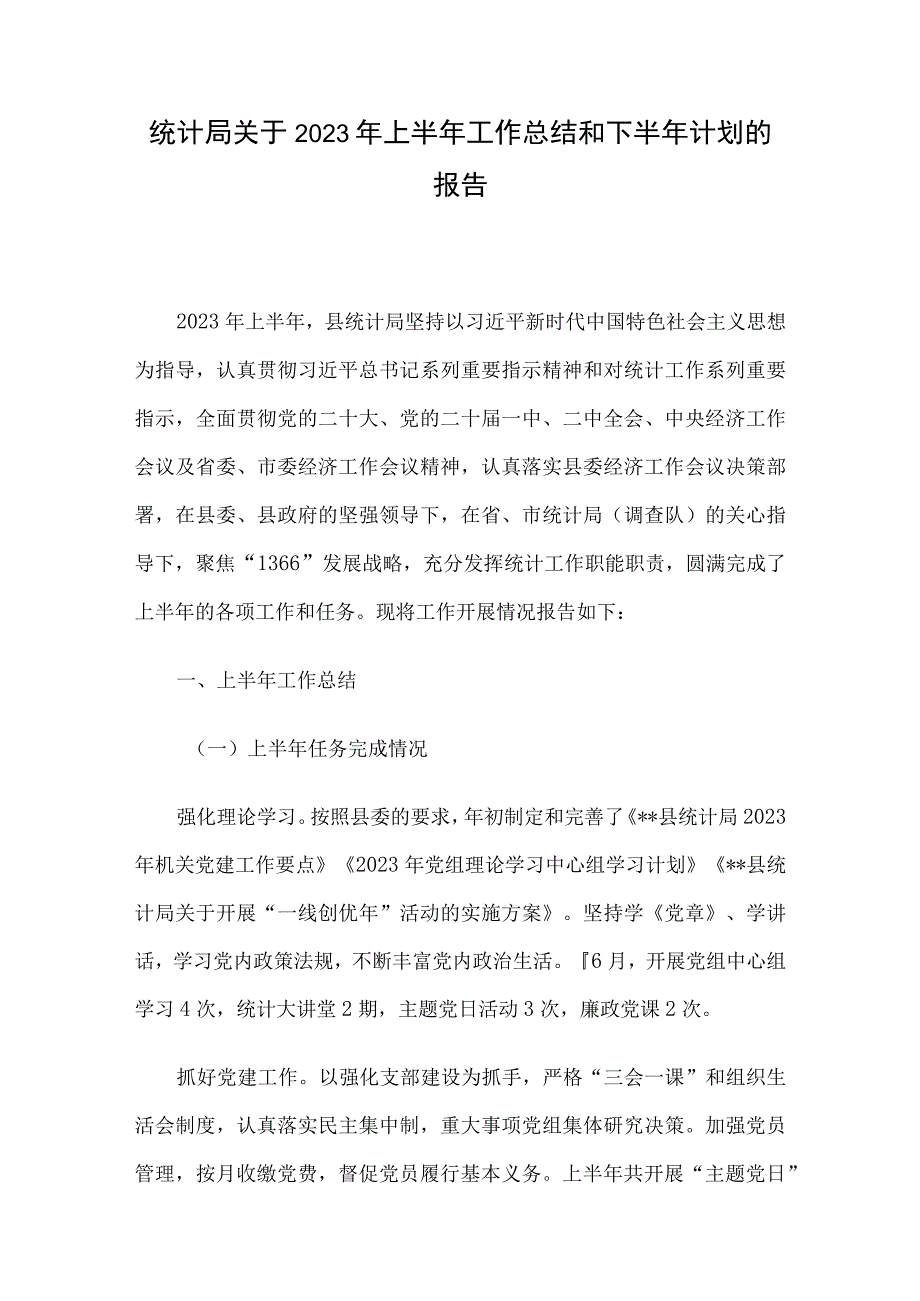 统计局关于2023年上半年工作总结和下半年计划的报告.docx_第1页