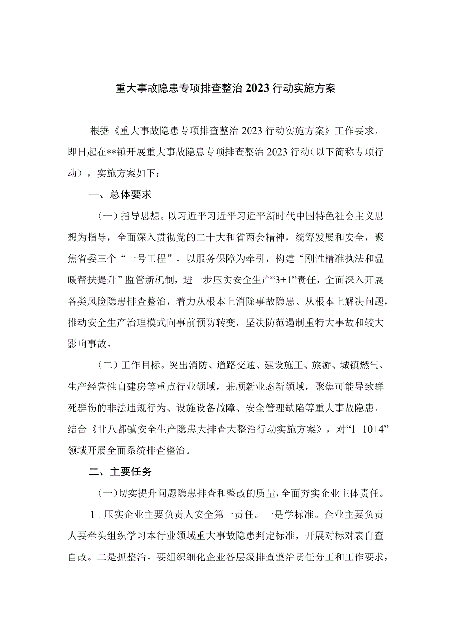 重大事故隐患专项排查整治行动实施方案【10篇精选】供参考.docx_第1页