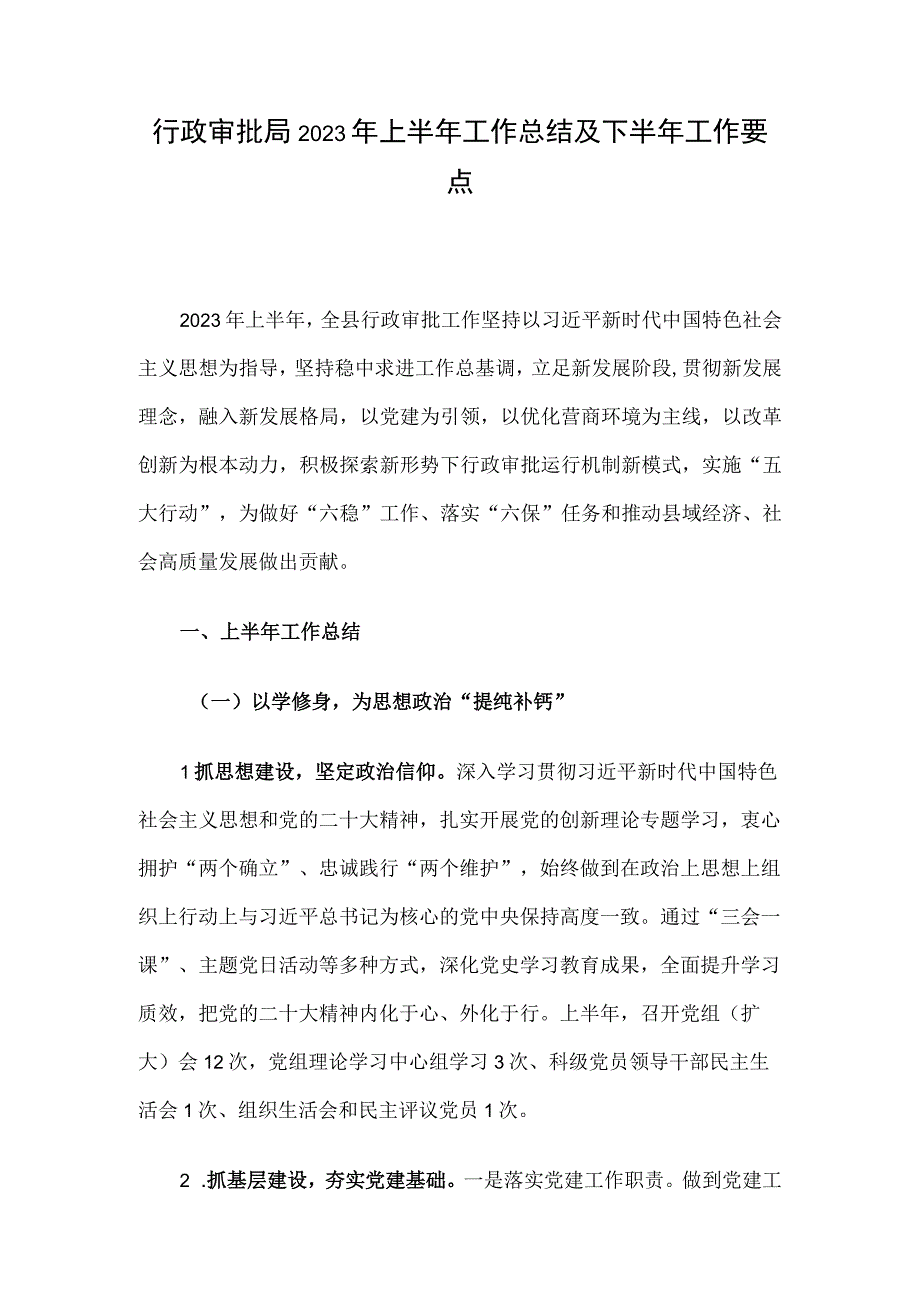 行政审批局2023年上半年工作总结及下半年工作要点.docx_第1页