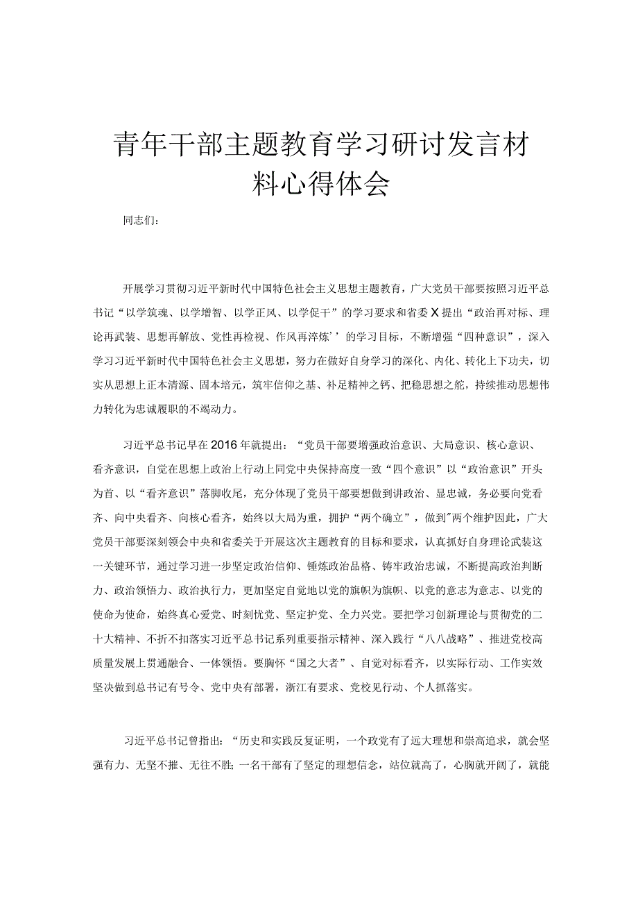 青年干部主题教育学习研讨发言材料心得体会.docx_第1页