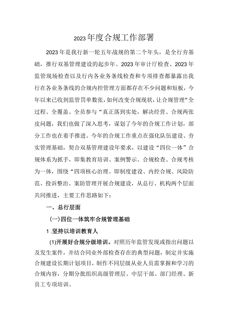 银行合规内控部工作重点计划.docx_第1页