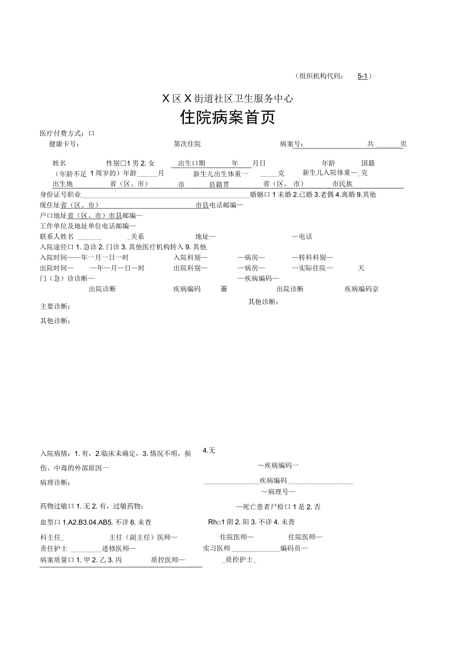 街道社区卫生服务中心住院病案首页.docx_第1页