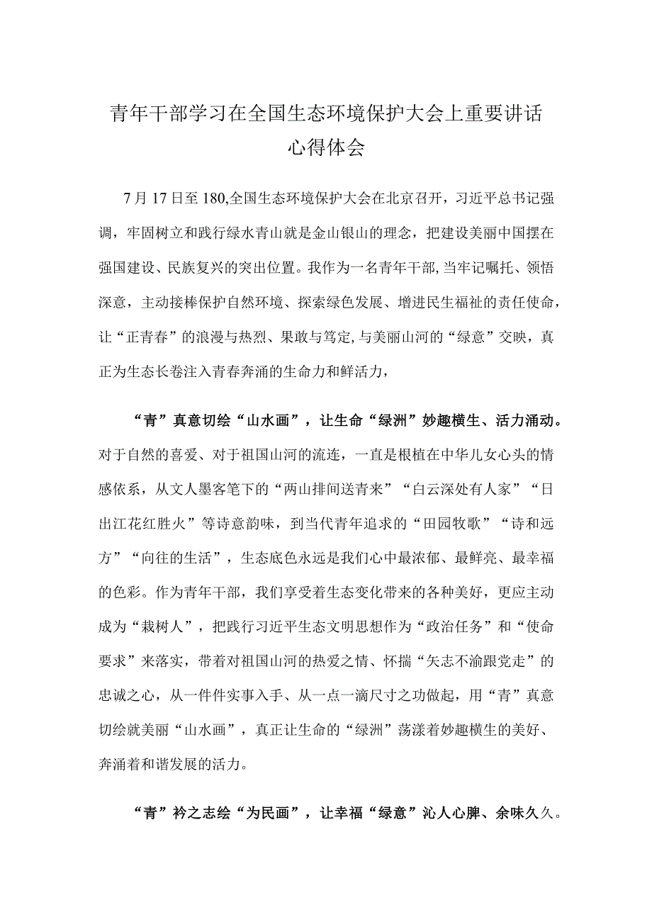 青年干部学习在全国生态环境保护大会上重要讲话心得体会.docx_第1页