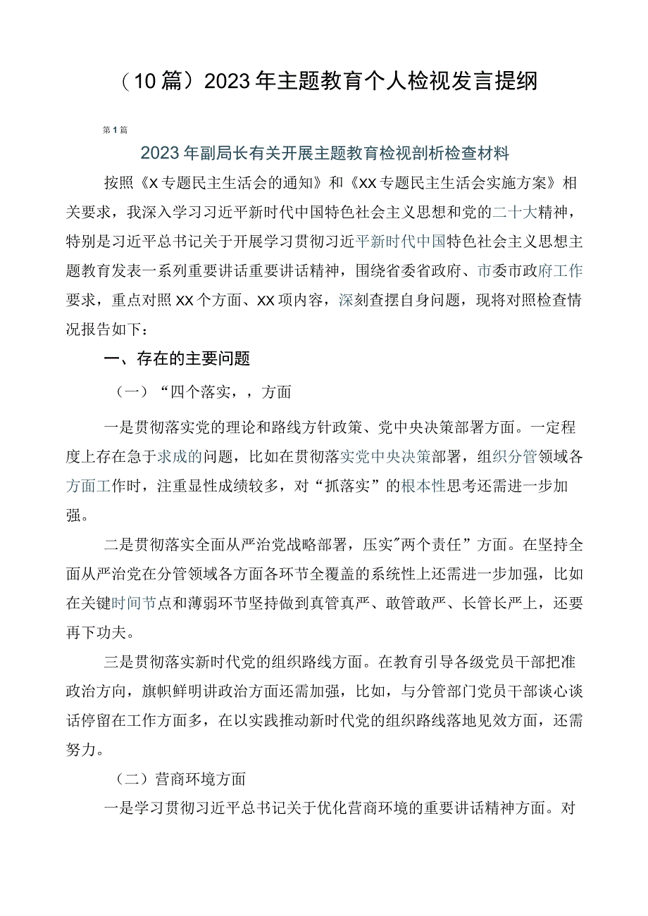 （10篇）2023年主题教育个人检视发言提纲.docx_第1页