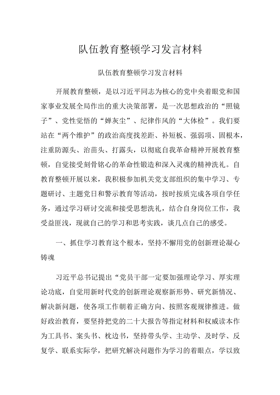 队伍教育整顿学习发言材料.docx_第1页