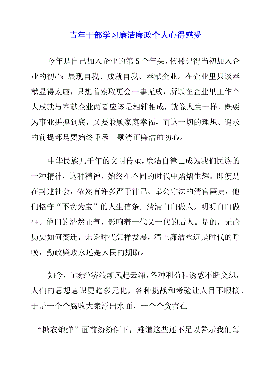 青年干部学习廉洁廉政个人心得感受.docx_第1页