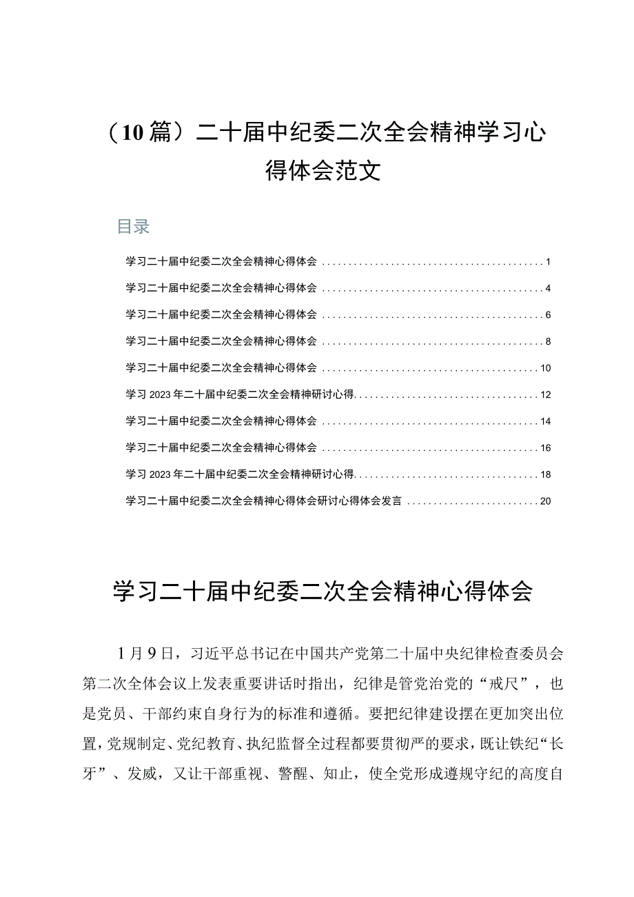 （10篇）二十届中纪委二次全会精神学习心得体会范文.docx_第1页