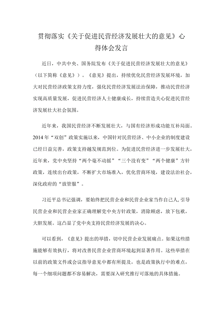 贯彻落实《关于促进民营经济发展壮大的意见》心得体会发言.docx_第1页