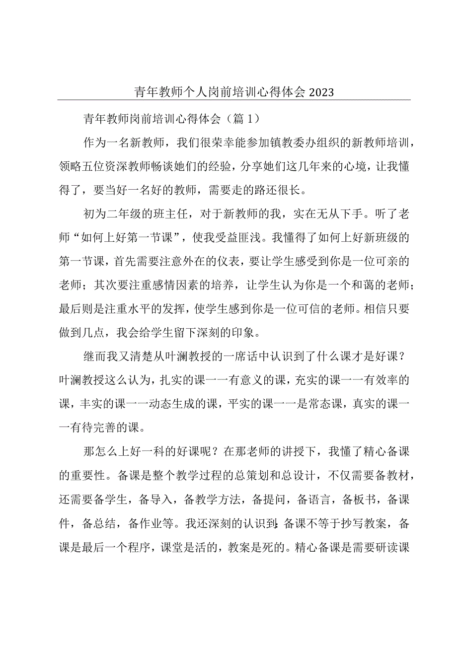 青年教师个人岗前培训心得体会2023.docx_第1页