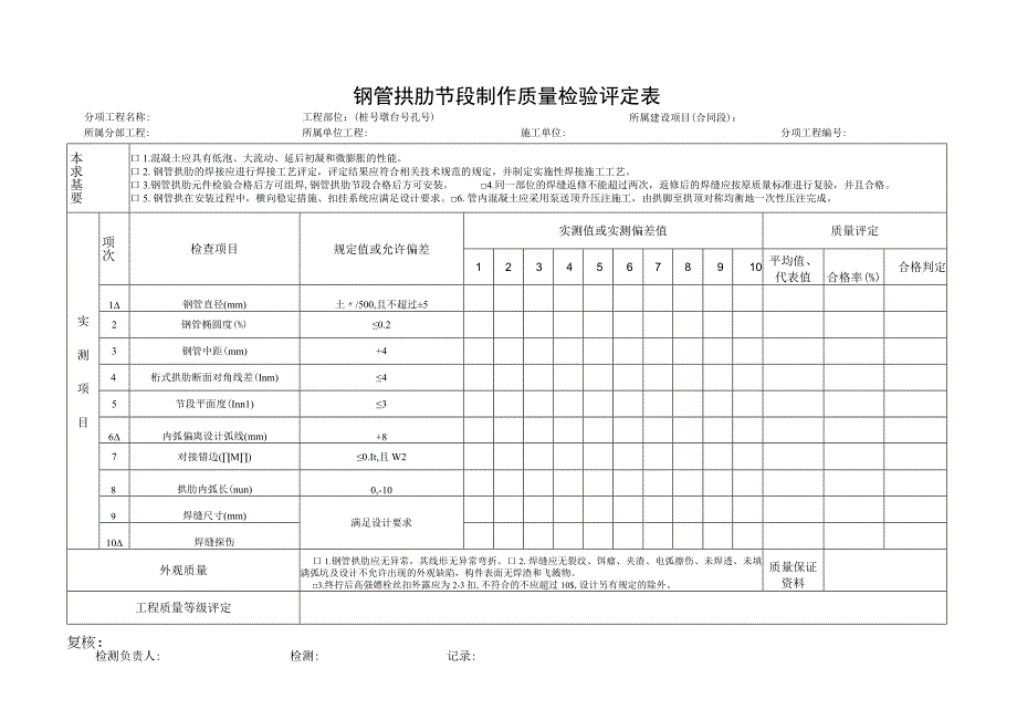 钢管拱肋节段制作质量检验评定表.docx_第1页