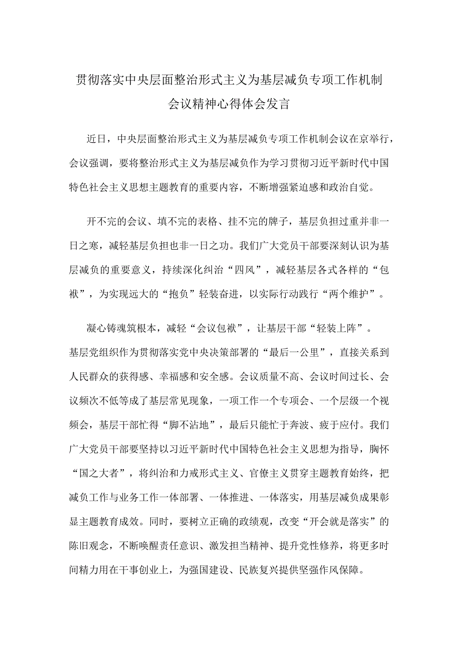 贯彻落实中央层面整治形式主义为基层减负专项工作机制会议精神心得体会发言.docx_第1页