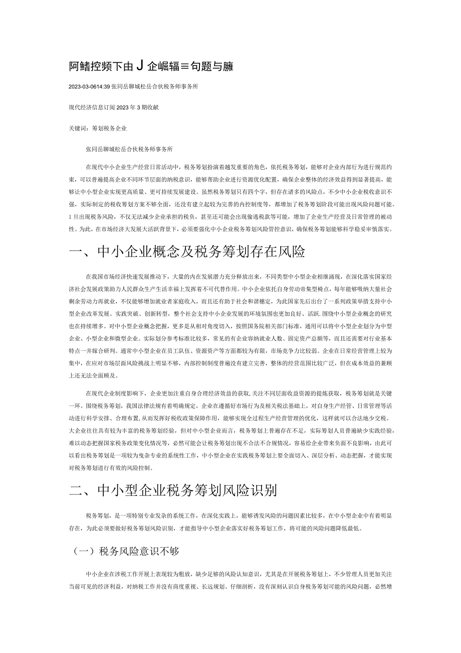 风险管控视角下中小企业税务筹划问题与对策.docx_第1页