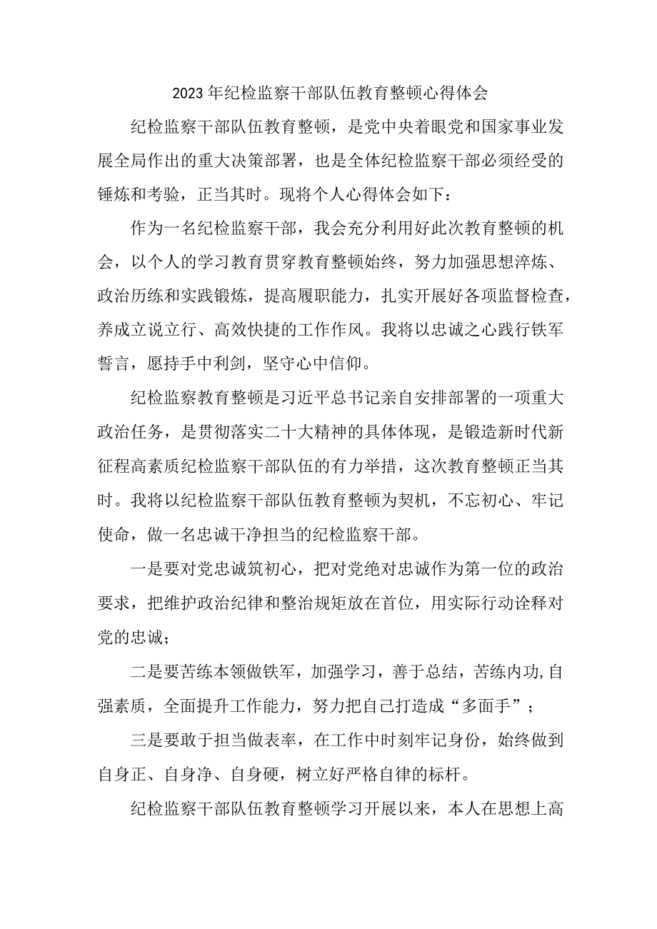 高等学院2023年纪检监察干部队伍教育整顿个人心得体会 汇编10份.docx_第1页