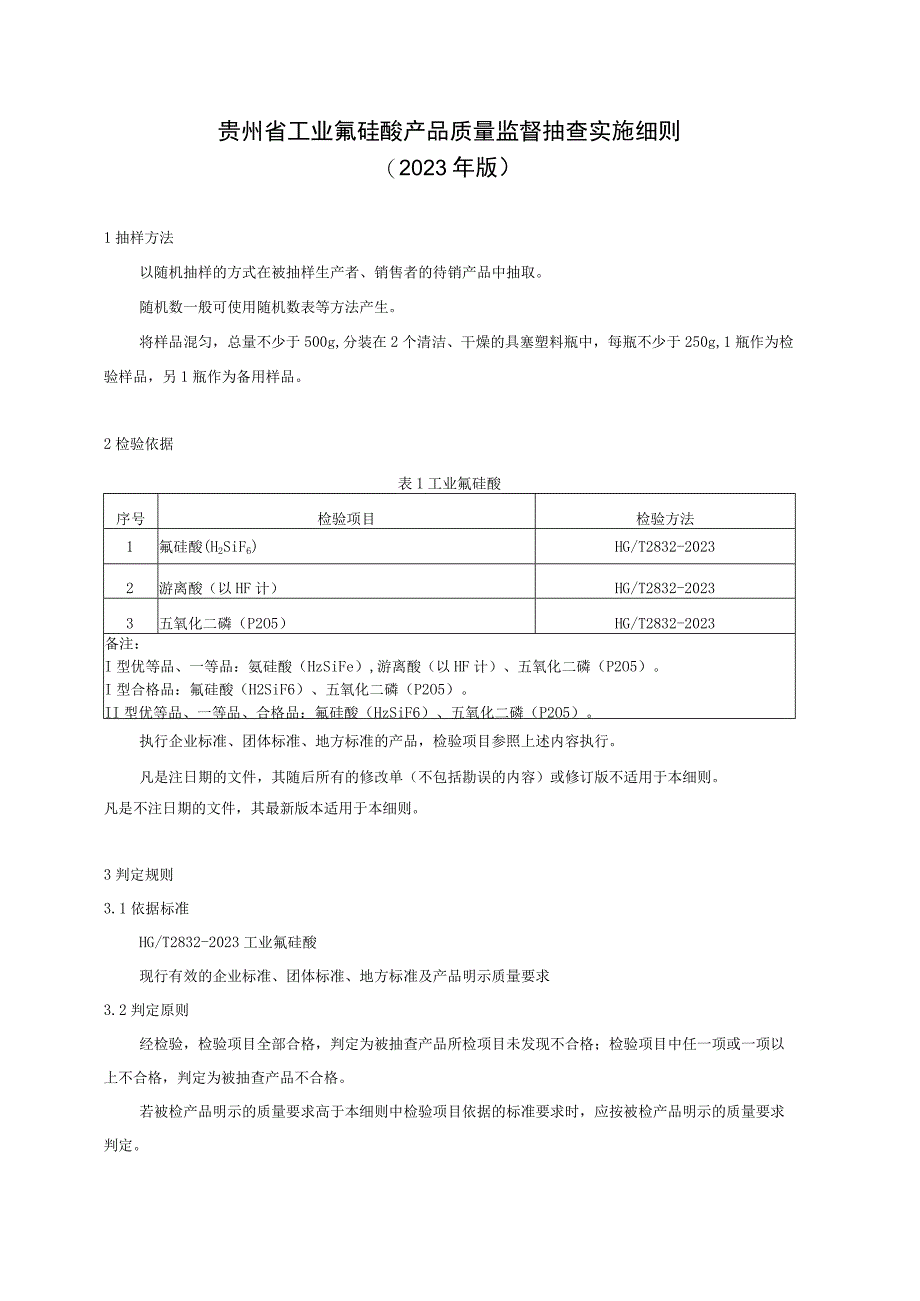 贵州省工业氟硅酸产品质量监督抽查实施细则（2023年版）.docx_第1页