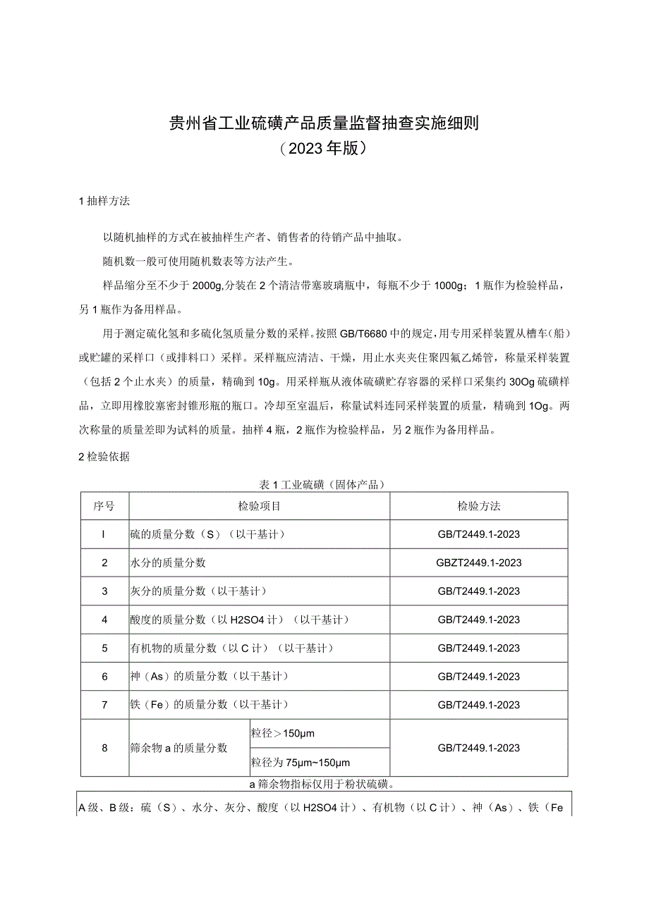 贵州省工业硫磺产品质量监督抽查实施细则（2023年版）.docx_第1页