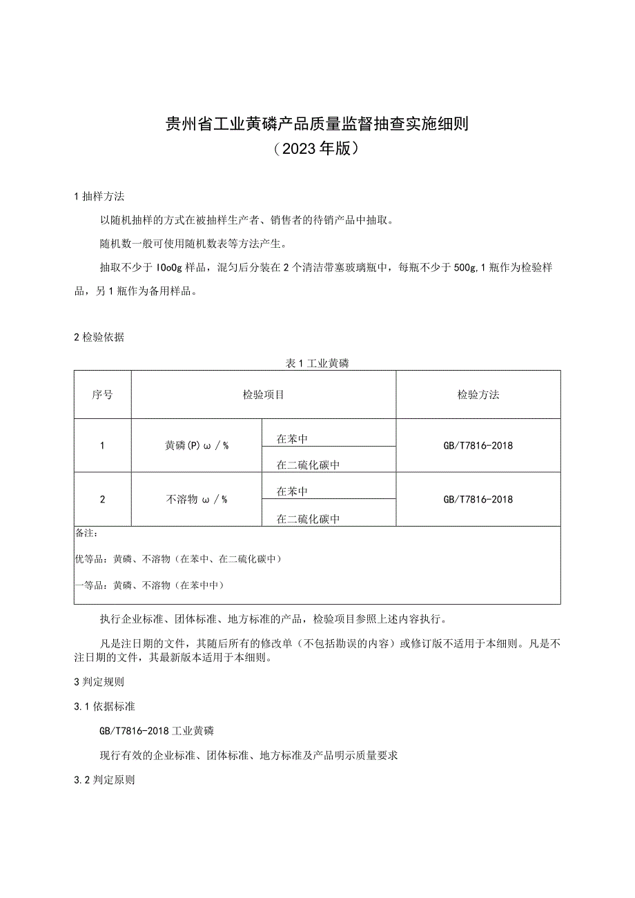 贵州省工业黄磷产品质量监督抽查实施细则（2023年版）.docx_第1页