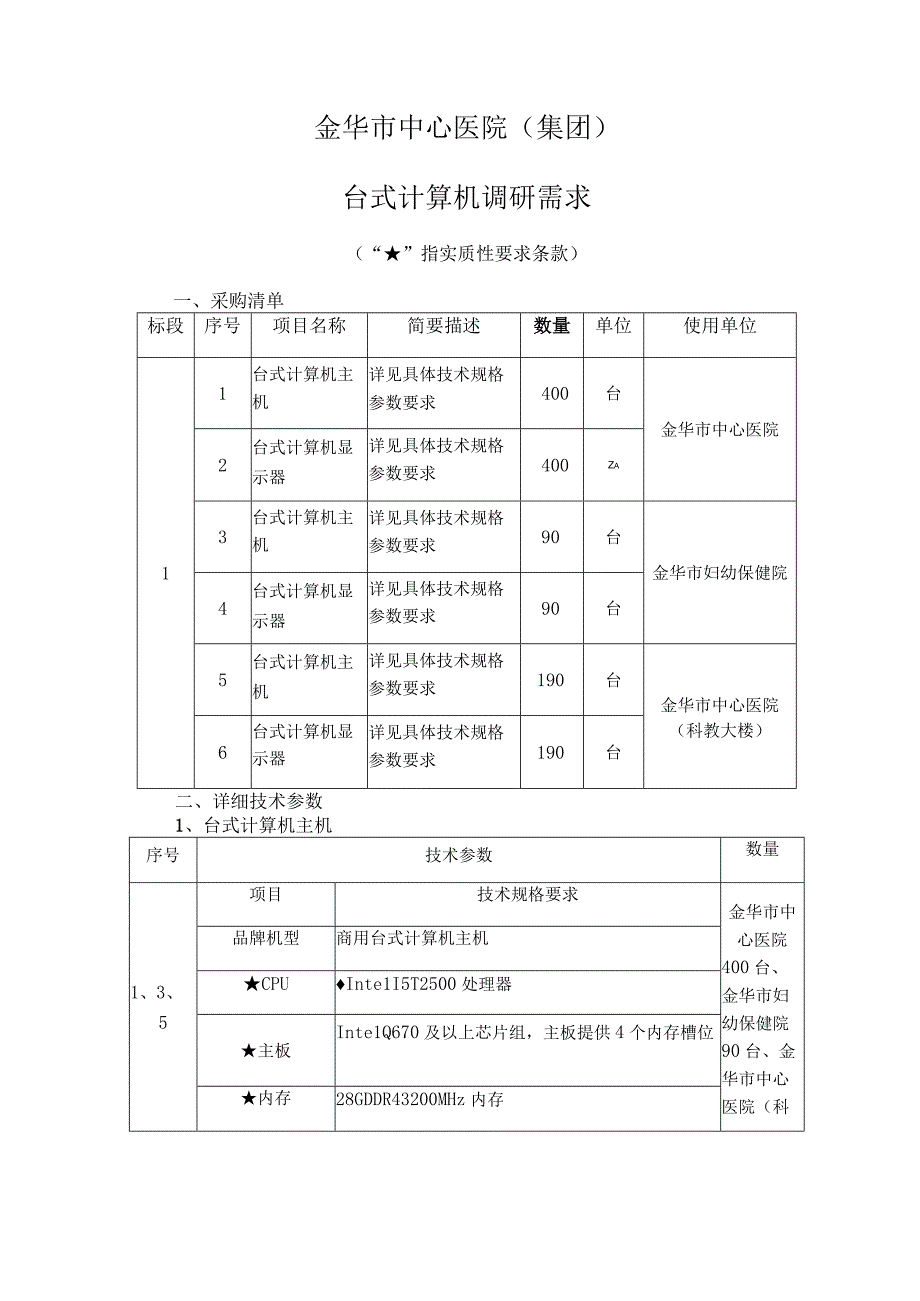 金华市中心医院集团台式计算机调研需求“”指实质性要求条款.docx_第1页