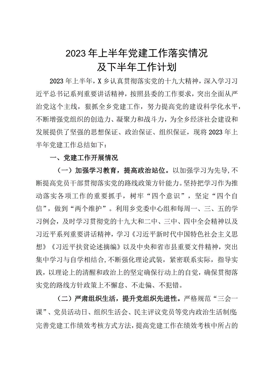 2023年上半年党建工作落实情况及下半年计划.docx_第1页