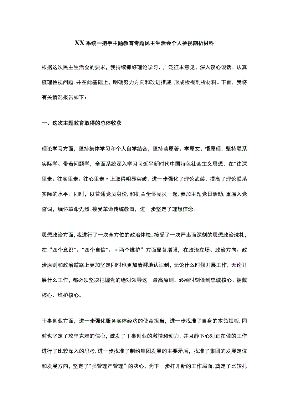 XX系统一把手主题教育专题民主生活会个人检视剖析材料.docx_第1页