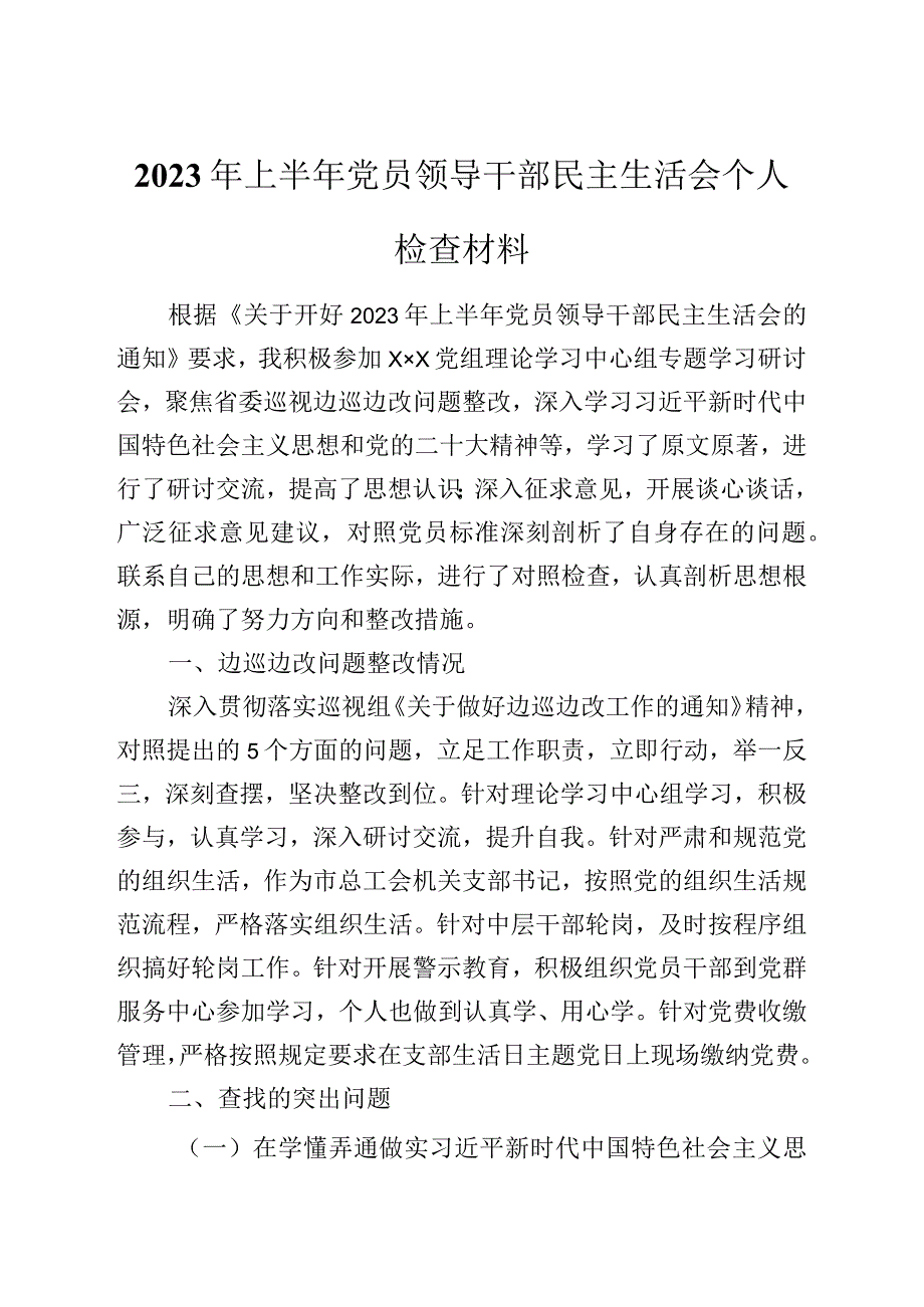 2023年上半年党员领导干部民主生活会个人检查材料.docx_第1页