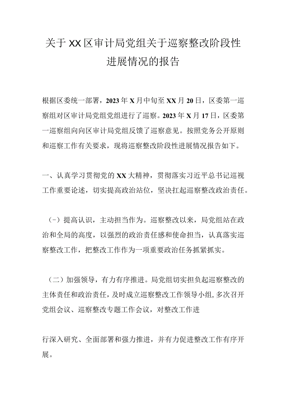 关于XX区审计局党组关于巡察整改阶段性进展情况的报告.docx_第1页