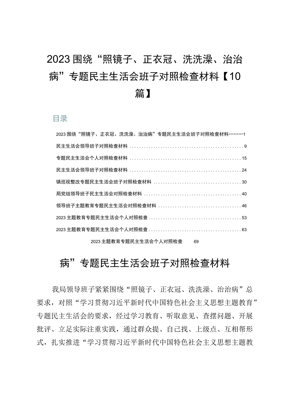 2023围绕“照镜子、正衣冠、洗洗澡、治治病”专题民主生活会班子对照检查材料【10篇】.docx_第1页