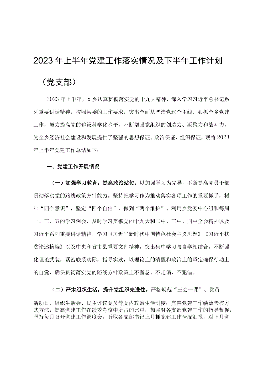 2023年上半年党建工作落实情况及下半年工作计划（党支部）.docx_第1页