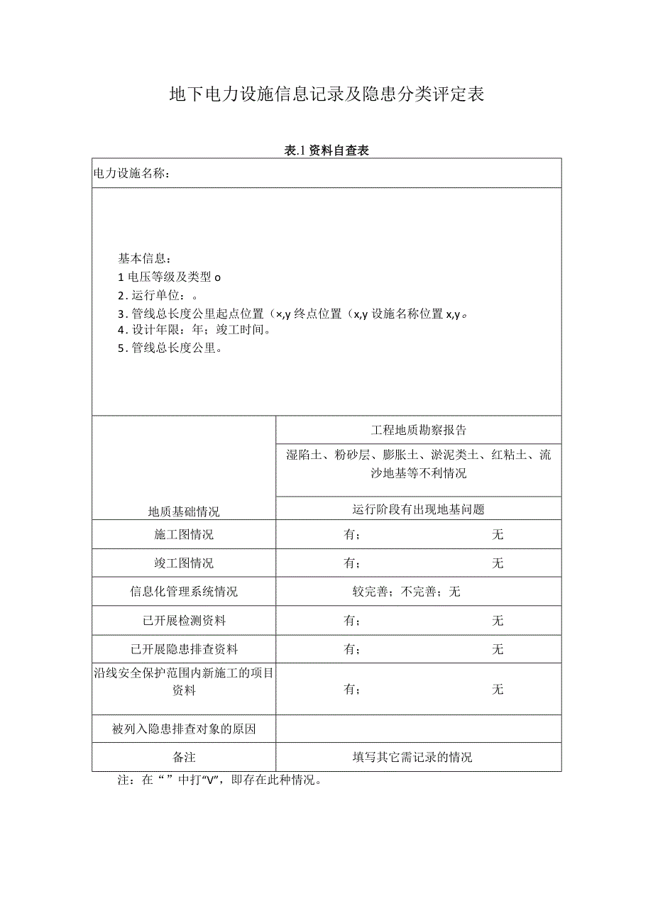 地下电力设施信息记录及隐患分类评定表.docx_第1页