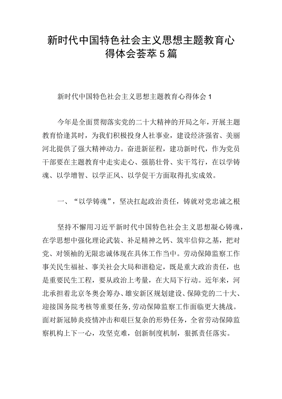 新时代中国特色社会主义思想主题教育心得体会荟萃5篇.docx_第1页