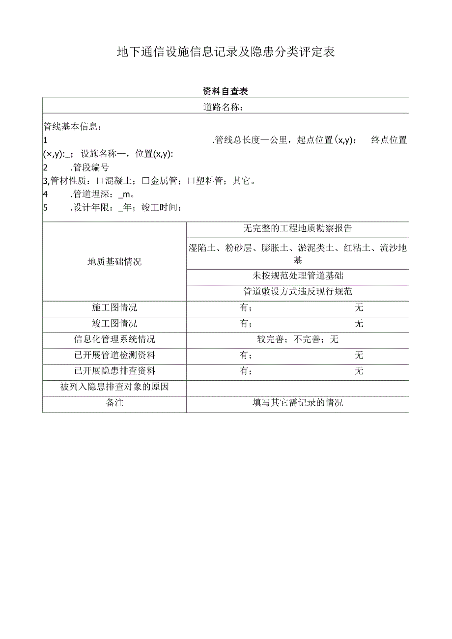 地下通信设施信息记录及隐患分类评定表.docx_第1页