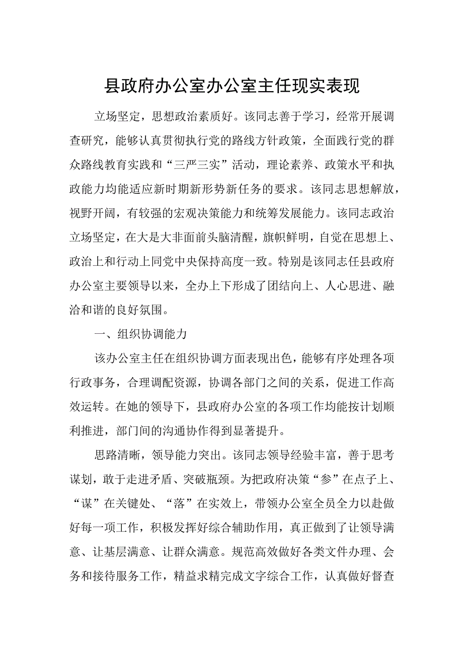 县政府办公室办公室主任现实表现.docx_第1页