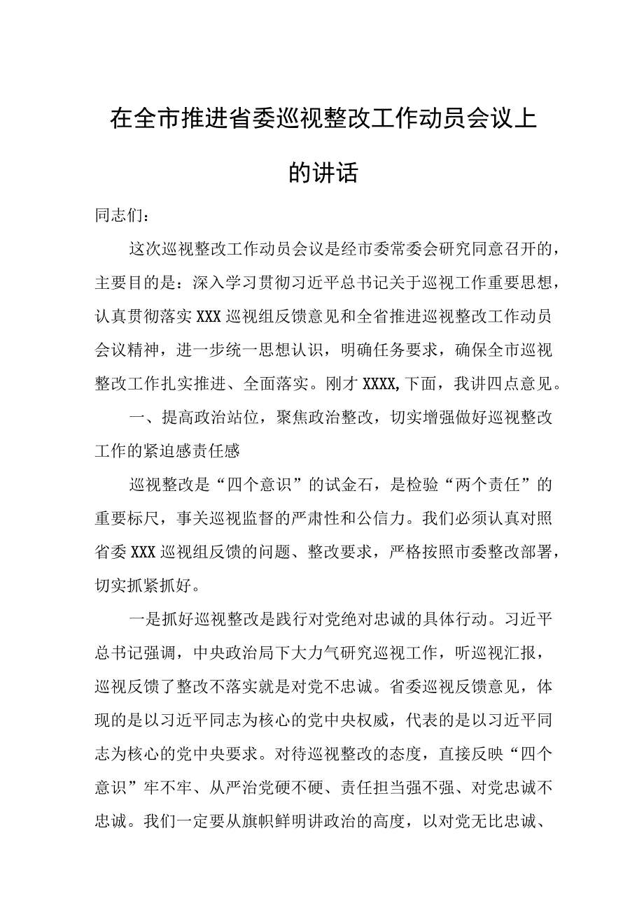 在全市推进省委巡视整改工作动员会议上的讲话.docx_第1页