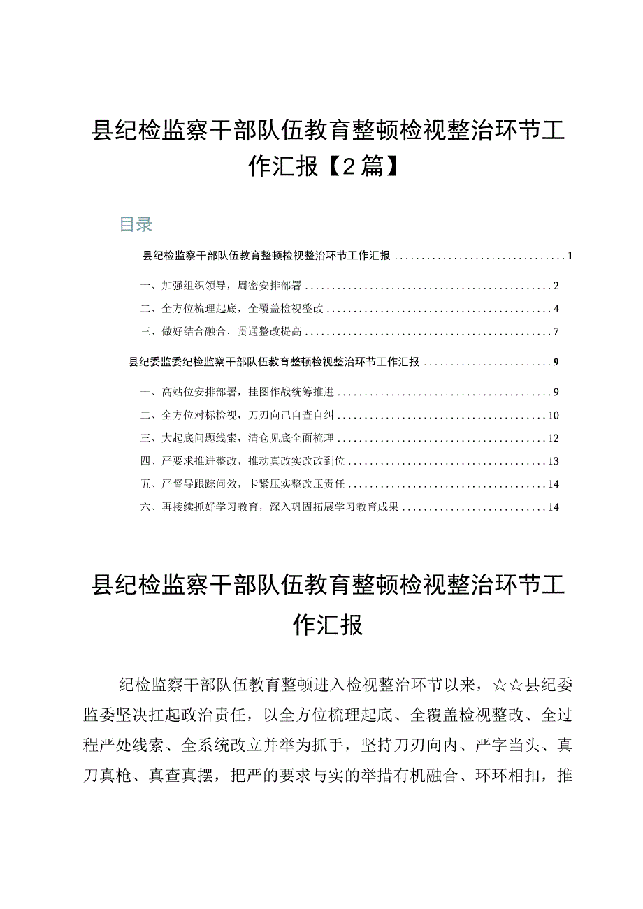 县纪检监察干部队伍教育整顿检视整治环节工作汇报【2篇】.docx_第1页