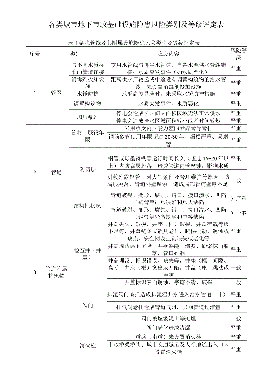 各类城市地下市政基础设施隐患风险类别及等级评定表.docx_第1页