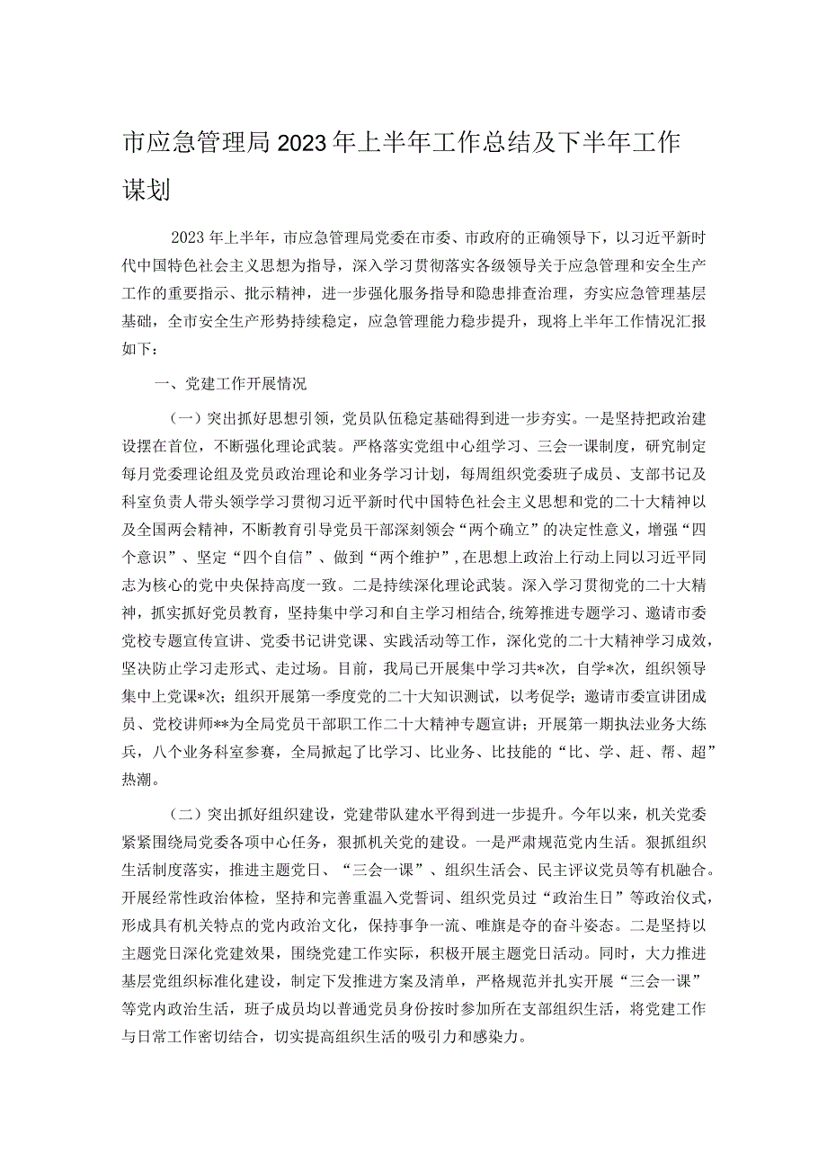 市应急管理局2023年上半年工作总结及下半年工作谋划.docx_第1页