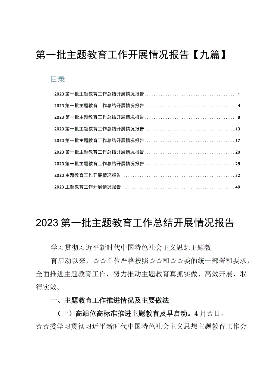 第一批主题教育工作开展情况报告【九篇】.docx_第1页