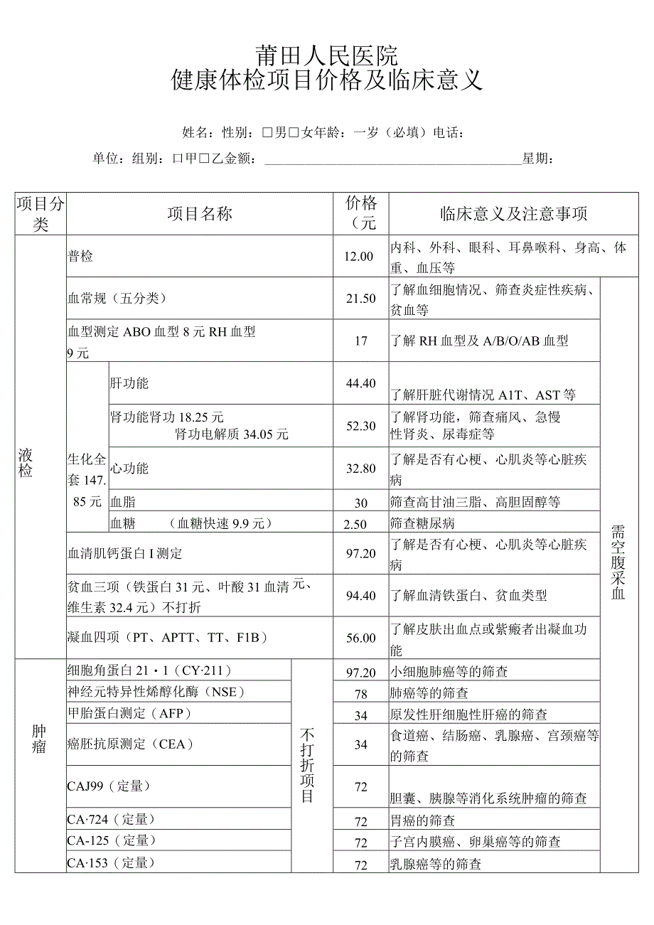 莆田人民医院健康体检项目价格及临床意义.docx_第1页