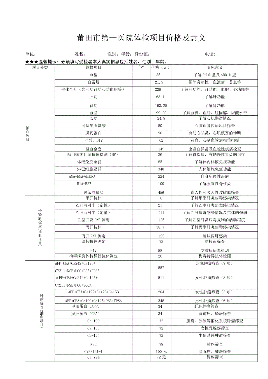 莆田市第一医院体检项目价格及意义.docx_第1页