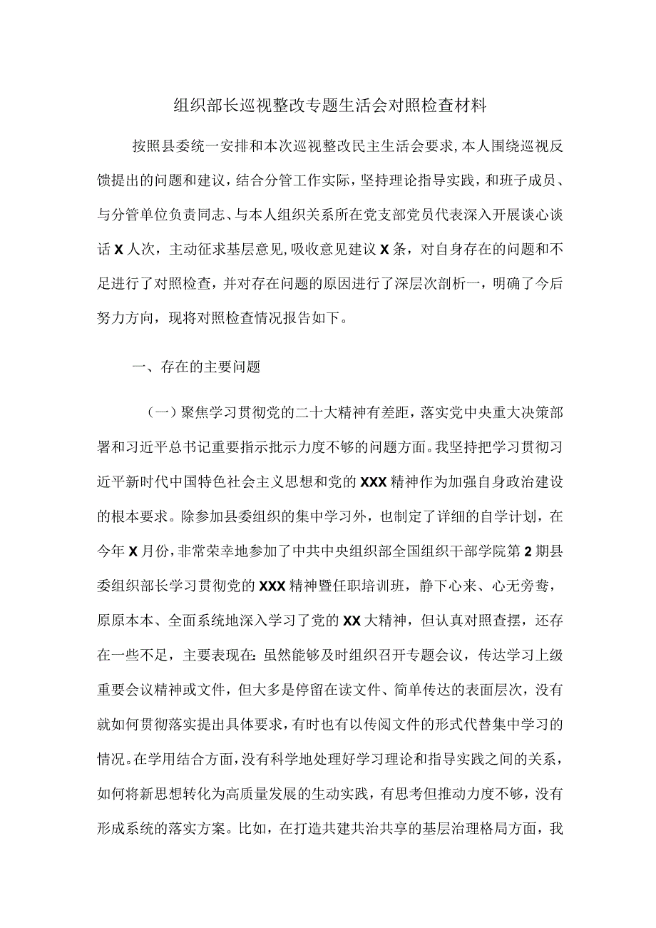 组织部长巡视整改专题生活会个人对照检查材料.docx_第1页