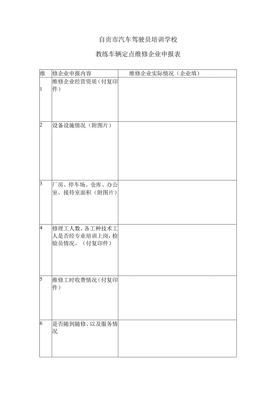 自贡市汽车驾驶员培训学校教练车辆定点维修企业申报表.docx_第1页