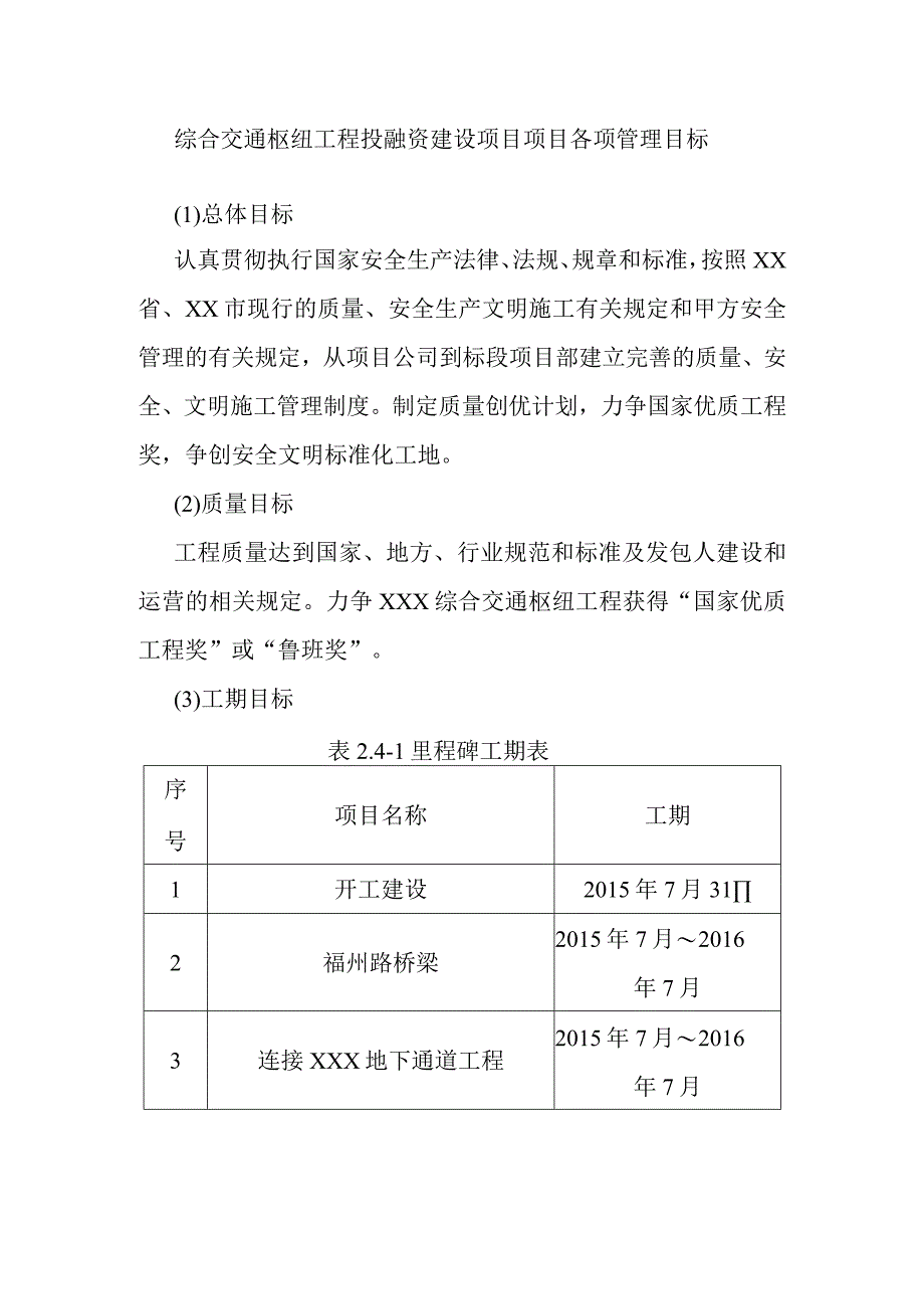 综合交通枢纽工程投融资建设项目项目各项管理目标.docx_第1页