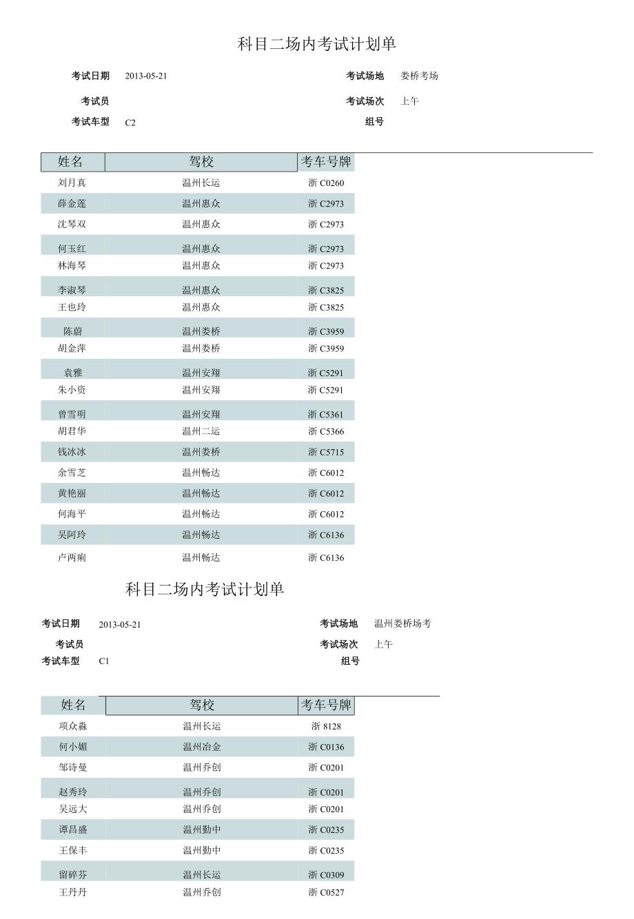 科目二场内考试计划单.docx_第1页