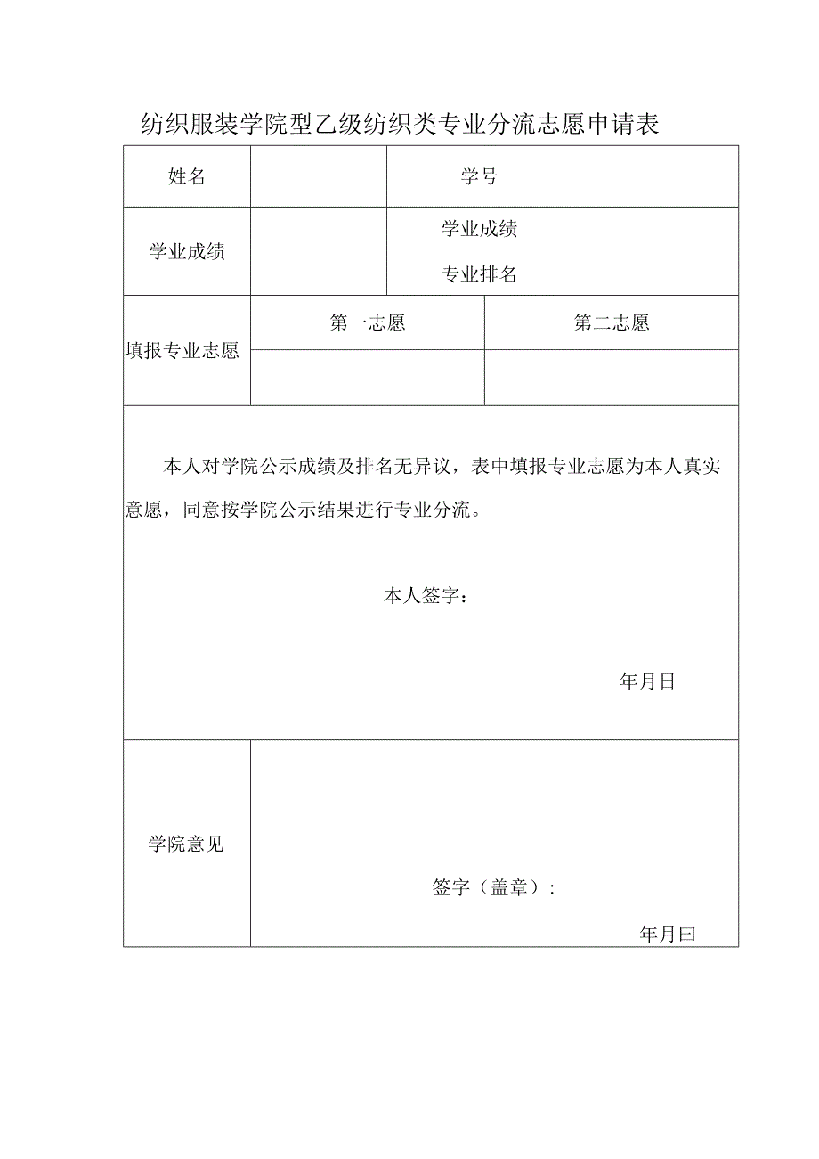 纺织服装学院2022级纺织类专业分流志愿申请表.docx_第1页