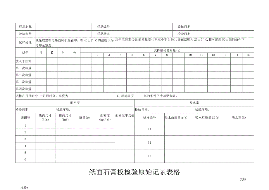 纸面石膏板检验原始记录表格.docx_第1页