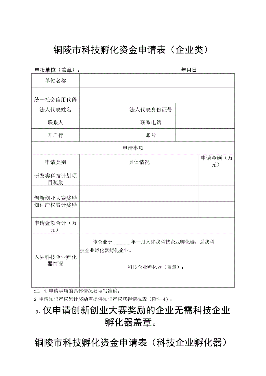 铜陵市科技孵化资金申请表企业类.docx_第1页