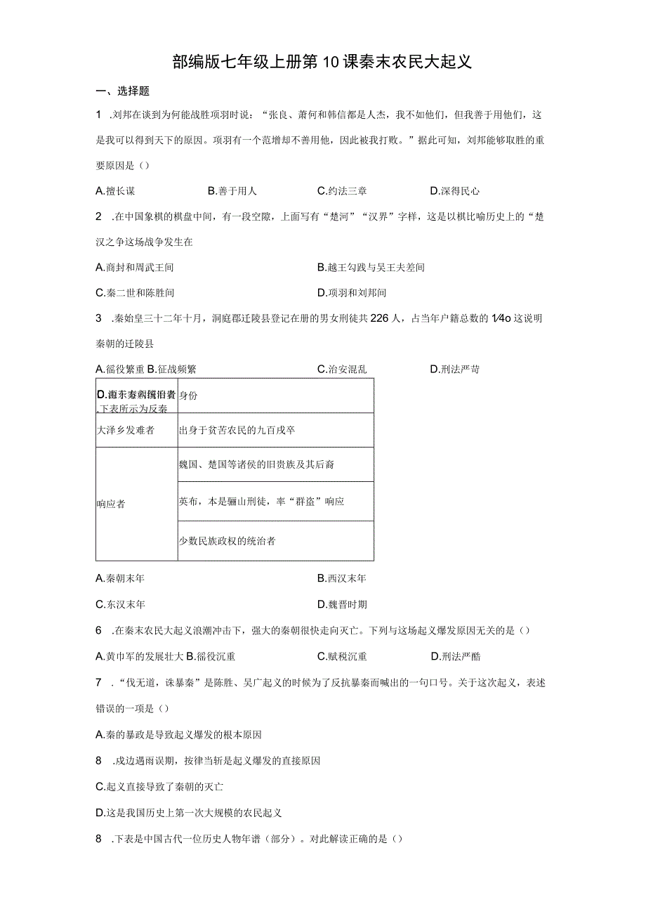 部编版七年级上册第10课秦末农民大起义 同步练习（含解析）.docx_第1页