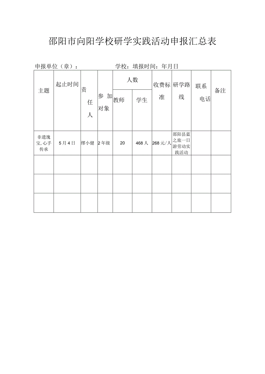 邵阳市向阳学校研学实践活动申报汇总表.docx_第1页