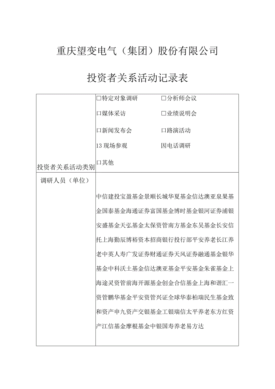 重庆望变电气集团股份有限公司投资者关系活动记录表.docx_第1页