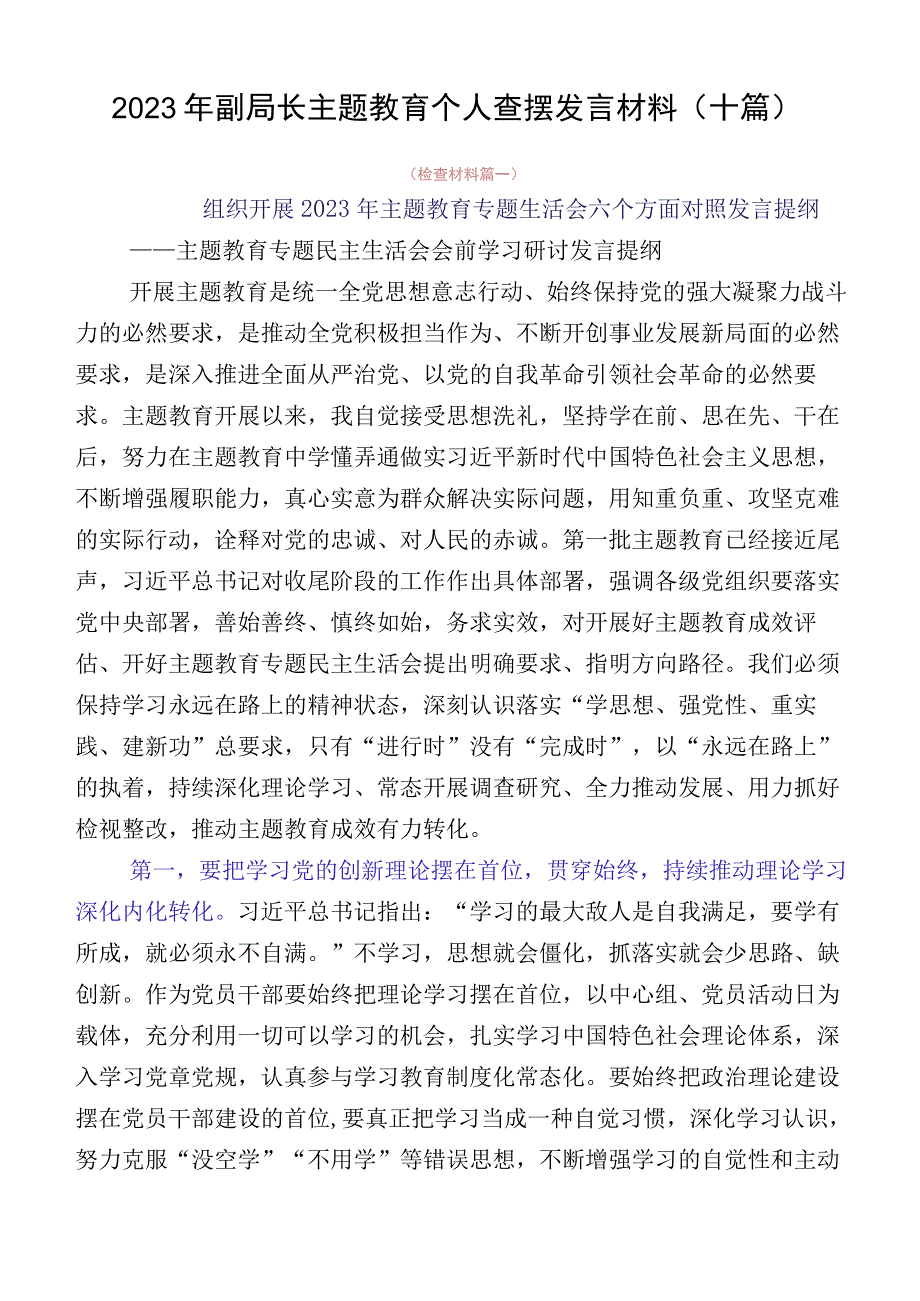 2023年副局长主题教育个人查摆发言材料（十篇）.docx_第1页